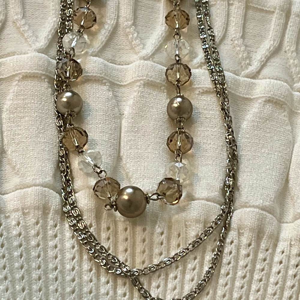 Multi Strand Station Necklace w/faux Pearls & Crystal Like Faceted Beads